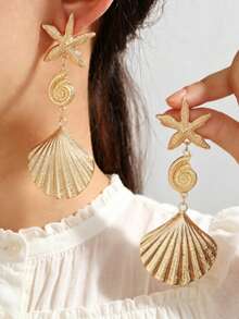 1 par de pendientes vintage exagerados de concha de vieira dorada, pendientes colgantes versátiles y creativos de concha & estrella de mar para mujeres - Dorado - Ver 1