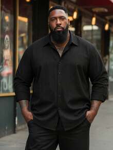 Manfinity Men Plus Size Men's Solid Black Textured Long Sleeve Button-Down Shirt - Black - View 7