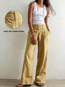 Mustard Yellow High Waist Wide Leg Pants Women Cotton Utility Pocket Casual Summer Bottoms Boho Vacation//Halloween/Teacher Outfit For Women/Fall - 淡黃色 - 查看 1