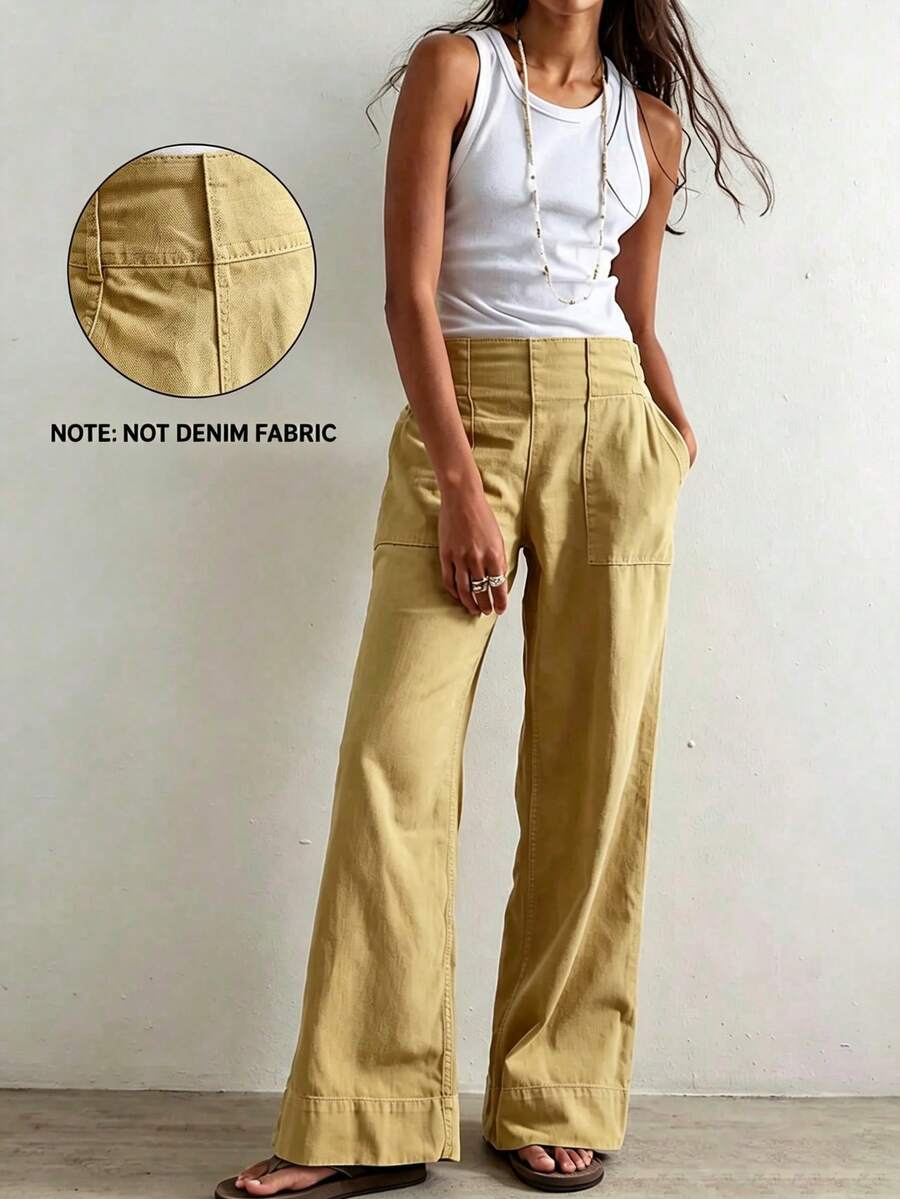 Mustard Yellow High Waist Wide Leg Pants Women Cotton Utility Pocket Casual Summer Bottoms Boho Vacation//Halloween/Teacher Outfit For Women/Fall - 淡黃色 - 查看 1