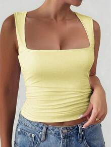 女款 Y2K 休閒純色方領修身顯瘦背心上衣 黃色 - 黃色 - 查看 5