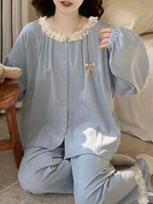 2pcs/Set Women's Pajamas Loungewear Set, Cardigan With Ruffle Lace Trim, Fashionable Long Sleeve & Long Pants, Easy Care Fabric - Blue - View 1