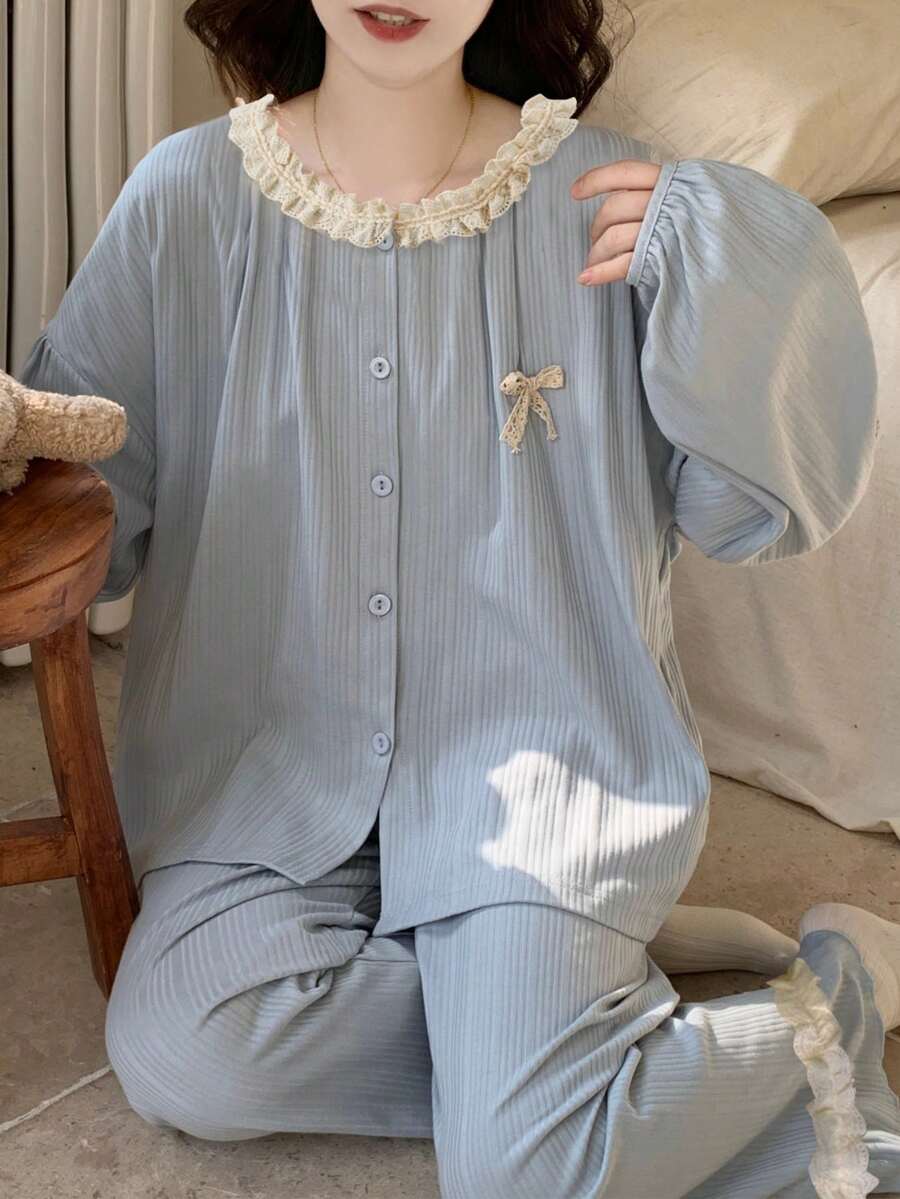 2pcs/Set Women's Pajamas Loungewear Set, Cardigan With Ruffle Lace Trim, Fashionable Long Sleeve & Long Pants, Easy Care Fabric - Blue - View 1
