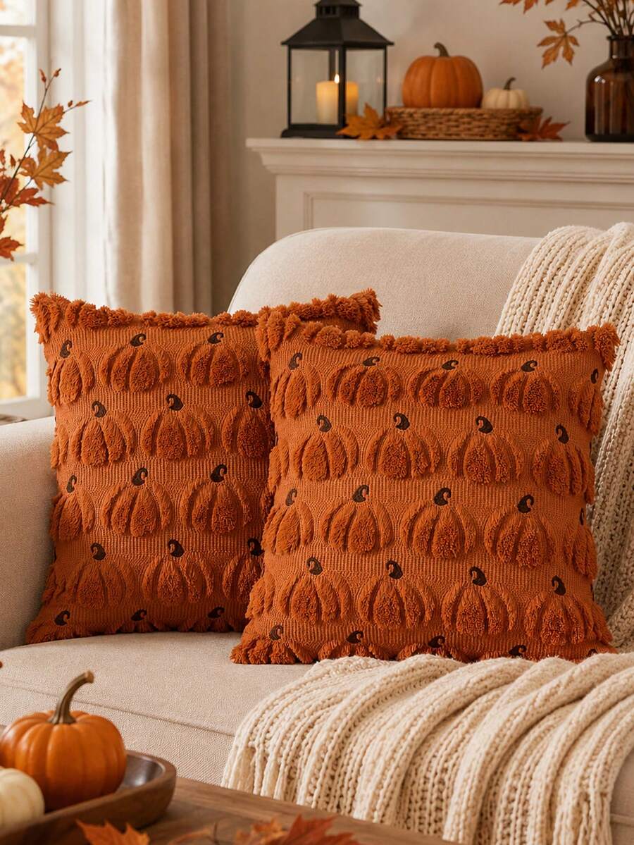 1件裝秋季抱枕套 南瓜圖案刺繡裝飾用枕套 萬聖節柔軟長毛絨仿羊毛枕套 適用居家沙發臥室椅子 - 南瓜(橘) - 查看 1
