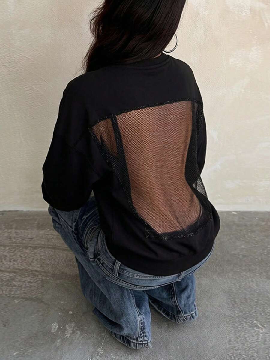 Women Solid Black Oversized Sweatshirt Mesh Patchwork Back Long Sleeve Top For Vacation, Casual Outfits, Black, Autumn Winter