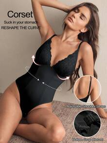 1pc Seamless Lace Deep V-Neck Shaping Bra, Effective Body Shaper Suitable For Weddings And Parties - Black - View 1