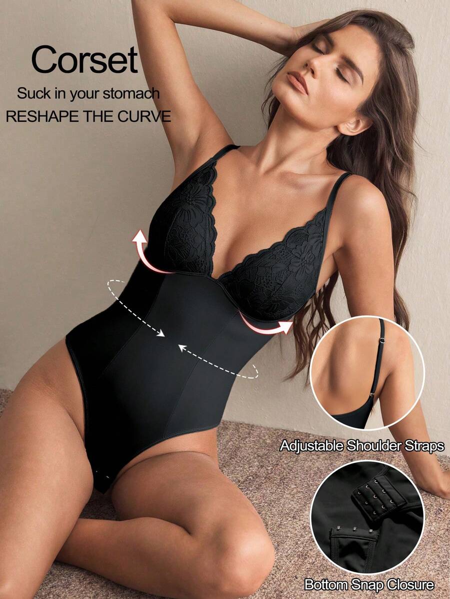 1pc Seamless Lace Deep V-Neck Shaping Bra, Effective Body Shaper Suitable For Weddings And Parties - Black - View 1