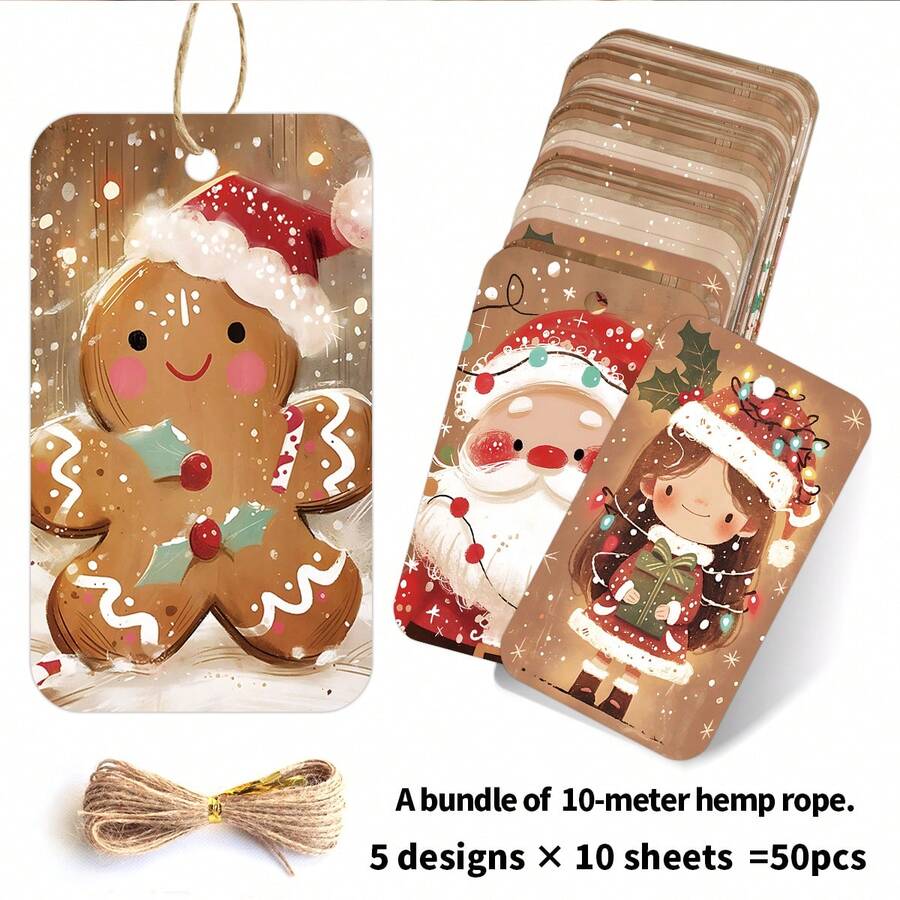 50pcs Cute Christmas Gift Tags With Hemp Rope - Festive Santa, Reindeer & Gingerbread Man Design Holiday Hanging Labels For Gift Wrapping & Party Favor Decoration, Christmas Paper Gift Tags - Multicolor - View 1
