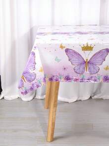 1Pc Disposable Plastic Tablecloth,Purple Butterfly Pattern Rectangle Table Cover For Princess Theme Bridal Shower Baby Shower Birthday Party Decor - Multicolor - View 7