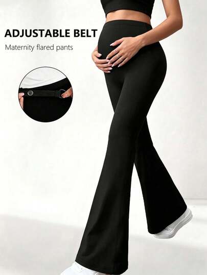 Yoga Basic Style Maternity Leggings With Adjustable Waistband. Black