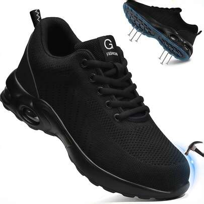 manlegu Black Work Shoes For Men Women Lightweight Steel Toe Shoes Slip Resistant Work Shoes Industrial Safety Sneakers