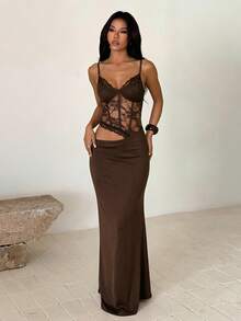 Summer, Elegant Party Dress, Sexy Lace Patchwork Beach Dress, Women's Vacation Wear, Wedding, Birthday, Festival, Back To School - Brown - View 1