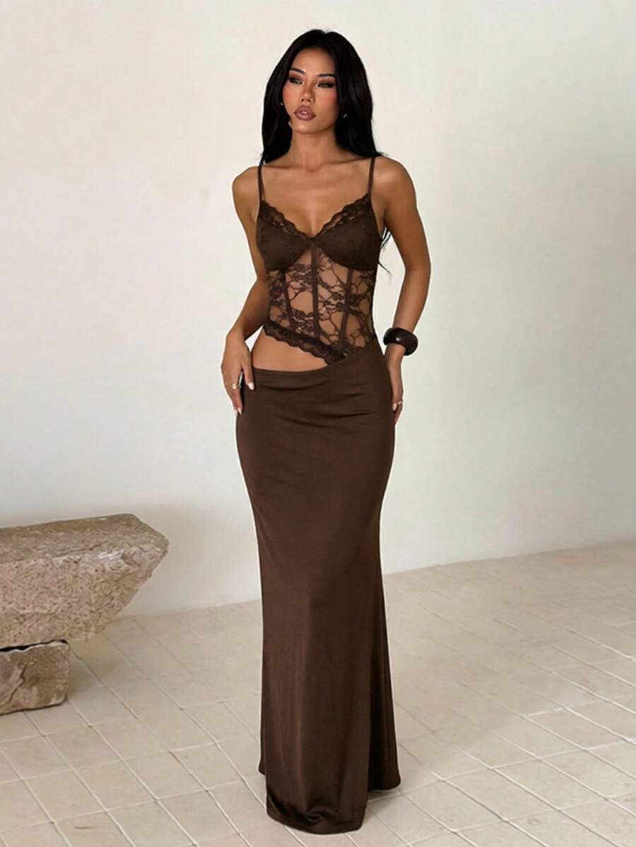 Summer, Elegant Party Dress, Sexy Lace Patchwork Beach Dress, Women's Vacation Wear, Wedding, Birthday, Festival, Back To School - Brown - View 1