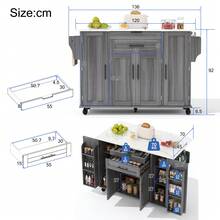 Mobile Kitchen Island Cart With Foldable Tabletop, Rolling Storage Trolley With Adjustable Shelves, Double Door Cabinets And 2 Drawers, Kitchen Storage Island With Towel Rack And Spice Rack For Dining Room, White, 129 X 46 (71) X 91 Cm - Grey - View 5