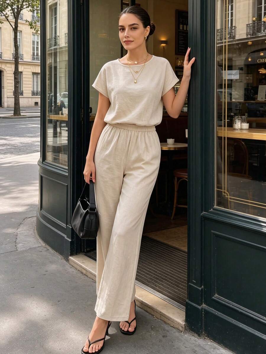 Beige Linen Blend 2 Pieces Outfit, Elegant Casual Summer Vacation Short Sleeve Top Wide Leg Pants Matching Set For Women - Apricot - View 1