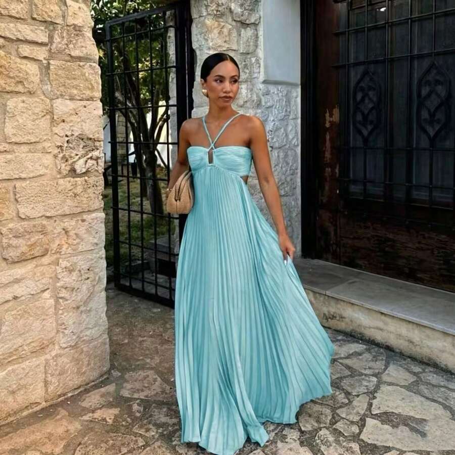 Summer New European And American Pure Color Strapless Pleated Sleeveless Dress - 淺藍色 - 查看 1