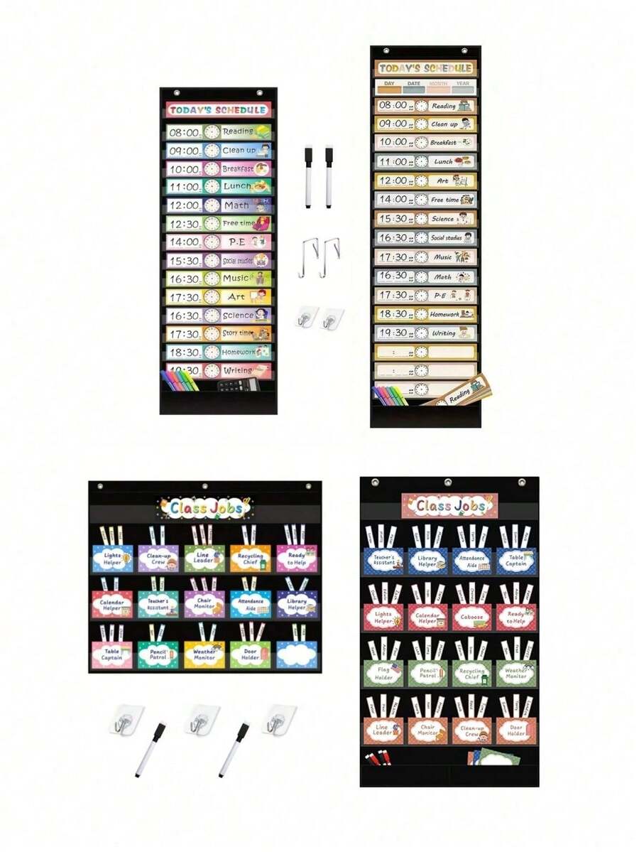 1件裝掛式規劃圖表袋:時間表規劃器/教室工作安排規劃器,2款可選,含配色彩色卡片、掛鉤、標記筆,適用於教室、辦公室、居家活動時間與工作安排 - A - 查看 1