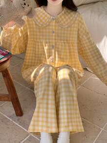 2pcs/Set Women's Pajamas Loungewear Set, Peter Pan Collar Plaid Print Korean Style Long Sleeve Long Pants, Comfortable For Home Wear - Yellow - View 10
