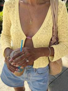Summer Women Fashion Orange Cut-Out Knit V-Neck Flared Sleeve Open Front Casual Top Suitable For Dates, Vacations, And Going Out Outfits - Yellow - View 9