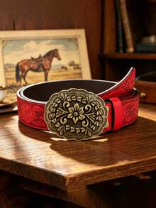 1 pièce Ceinture pour homme en PU rouge avec motif volute et boucle sculptée vintage western usée, cadeau pour la Saint-Valentin et l'anniversaire, convient pour une tenue de voyage - Rouge - Voir 6