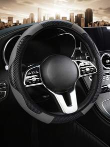 1pc Grey Carbon Fiber Leather Comfortable Car Steering Wheel Cover Without Inner Ring, Car Decor Suitable For 14.5-15 Inch Steering Wheel, Car Interior Accessory, Unisex, All Season - A - View 3