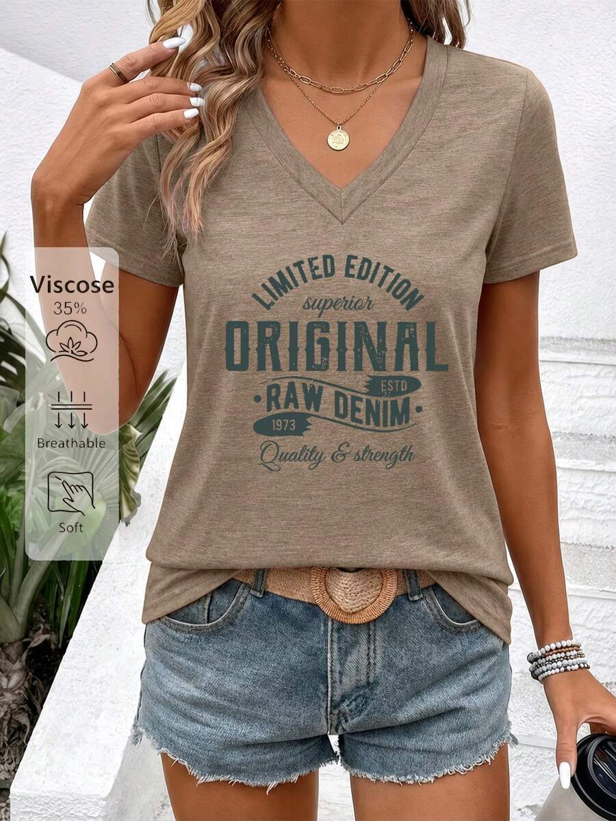 Women's Pink Knitted V-Neck Short Sleeve Regular Fit T-Shirt, Targeted Print, Breathable And Soft, V-Neck Slimming Casual Style