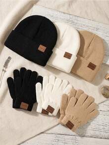 3 Sets Baby Neutral Herbst/Winter Lässig Auto-Logo Strickmütze und Handschuhe Set, Kälteschutz und warm (3 Mützen + 3 Paar Handschuhe) - Verschiedenfarbig - Übersicht 1
