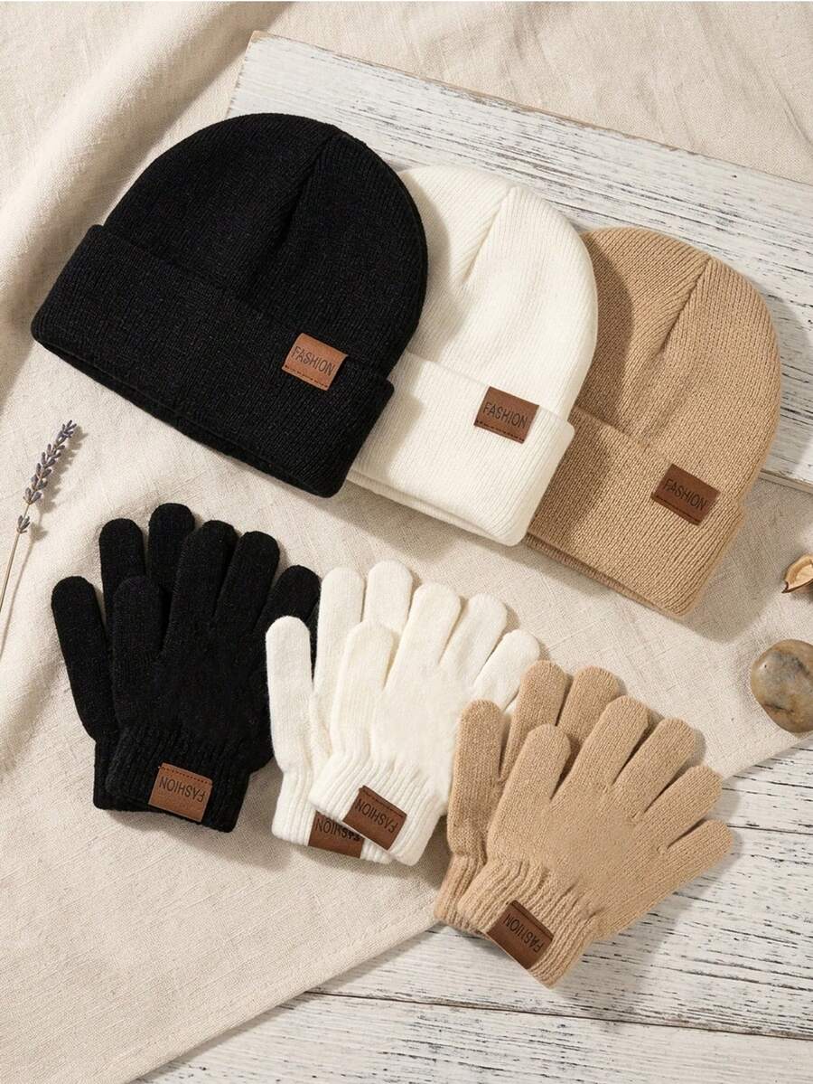 3 Sets Baby Neutral Herbst/Winter Lässig Auto-Logo Strickmütze und Handschuhe Set, Kälteschutz und warm (3 Mützen + 3 Paar Handschuhe) - Verschiedenfarbig - Übersicht 1