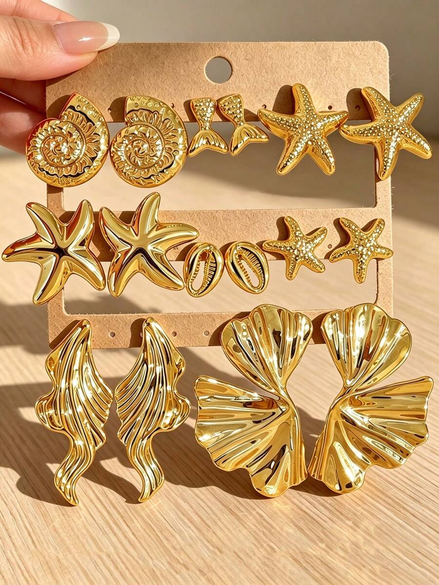 3/8 Pairs Oversized Gold-Plated Petal Starfish Shell Earrings, Gold Women's Earring Set. Suitable For Daily Beach Ocean Vacation (Non-Fading, Lightweight CCB Material) - Gold - View 1
