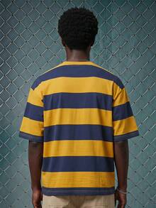 EVRINFINITE Men's Retro American Style Colorblock Wide Stripe Clean Fit Dropped Shoulder Short Sleeve T-Shirt, College Style - Multicolor - View 2