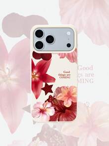 1pc White Matte Minimalist Lens Protection Red Flower English Pattern Phone Case, Personalized For IPhone 16 Pro Max/17/16/15/14/13/12/11/Air And Series - Multicolor - View 1