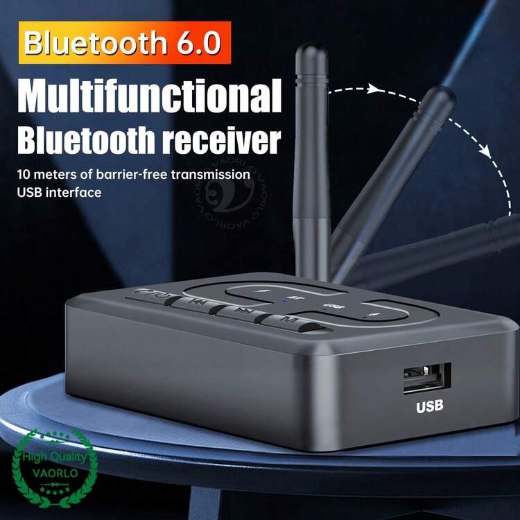 KZ 蓝牙6.0音频接收器，3.5mm AUX R/L RCA Hi-Fi立体声无线适配器，带麦克风，支持USB磁盘播放，适用于车载扬声器、功放和桌面扬声器 - 黑色 - 查看 6