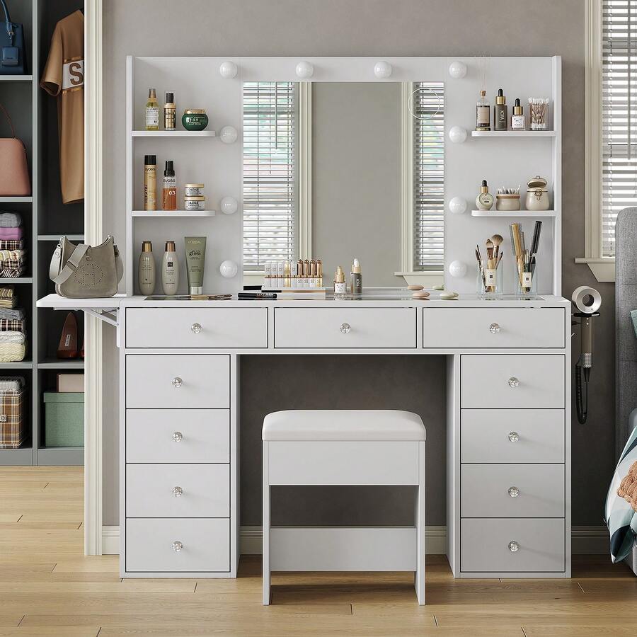FUSOU Dressing Table With LED Mirror & Power Outlet, Makeup Vanity Desk With 11 Drawers And 4 Shelves, Fold-Up Panel Design, 3 Lighting Modes, Vanity Table With Stool For Bedroom, White