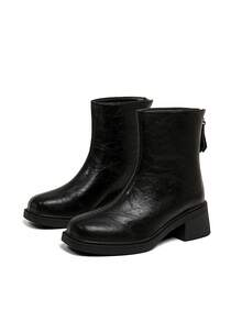 Back Zipper Glossy Chunky Heel Ankle Boots Vintage Split Seam Round Toe Layered Chunky Heel Loose Straight Shaft Minimalist Fashion Boots - Black - View 6