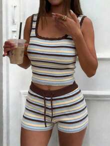 Summer Striped Casual Knit 2 Pieces Set, Square Neck Cropped Tank Top - Multicolor - View 8