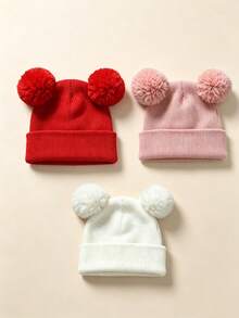 3pcs/1pc Warm Knitted Knitted Hat, Cute Plush Double Pom Pom Design, Thickened Hat Body, Suitable For Newborns - Multicolor - View 14