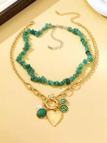 2 piezas/Set Collar de Estilo Bohemio con Colgante de Guijarro/Corazón/Gota de Agua, Adecuado para Vacaciones/Fiestas/Uso Diario de Mujeres - Multicolor - Ver 4