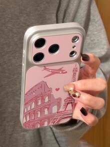 1pc Fashionable Personalized Pink Airplane Architecture Travel Pattern Full Coverage Button Classic Anti-Drop Metallic Paint Premium Texture Soft Texture PU Leather Phone Case, Suitable As Birthday Gift, Holiday Gift For Friends, Family, Couples, Yourself, Compatible With IPhone 17/16/15/14/13/14/12/11 Series - Multicolor - View 1
