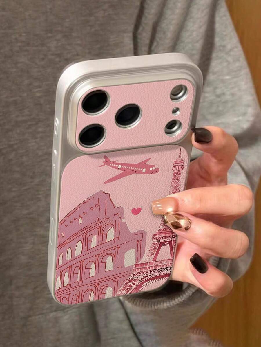 1pc Fashionable Personalized Pink Airplane Architecture Travel Pattern Full Coverage Button Classic Anti-Drop Metallic Paint Premium Texture Soft Texture PU Leather Phone Case, Suitable As Birthday Gift, Holiday Gift For Friends, Family, Couples, Yourself, Compatible With IPhone 17/16/15/14/13/14/12/11 Series - Multicolor - View 1