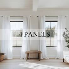 4 Panels Semi Transparent Cotton And Linen  Curtains, Farmhouse Ring Clips Back Tab Track System Hook Belt Drapes For Bedroom Living Room Office ,Bohemian Home Decoration, Back Tab Hooks Drapes With Hooks - 白色 - 查看 9