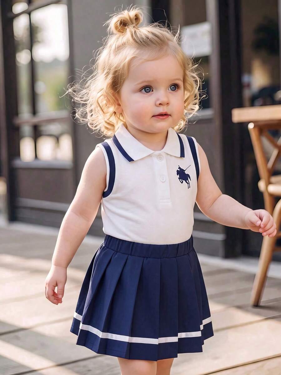 2pcs Baby Girl Fashion Preppy Style Outfit, Polo Collar Color Block Tank Top And Elastic Waist Pleated Skirt Set, Comfortable Wear - Blue and White - View 1