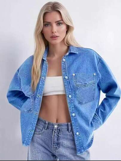 HAPPY GIRL Spring/Summer Casual Versatile Fashion Denim Jacket For Women, Comfortable For Holiday, Vacation, Daily Travel, Brunch, Airport, Commute