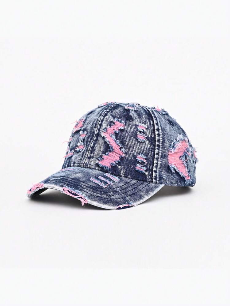 1pc Washed Distressed Ripped Denim Baseball Cap, Unisex Couple Matching Hat, Outdoor Versatile All-Season Soft Crown Curved Brim Cap - Multicolor - View 11