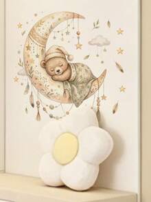 1pc Bohemian Moon Star Flower Sleeping Bear Wall Decor Sticker, Removable Wall Decal For Bedroom Living Room Kids Room - 1PC - View 1