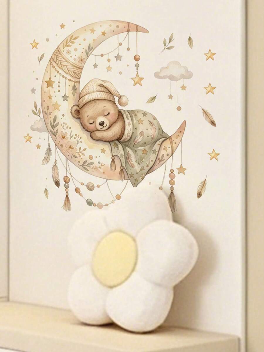 1pc Bohemian Moon Star Flower Sleeping Bear Wall Decor Sticker, Removable Wall Decal For Bedroom Living Room Kids Room - 1PC - View 1