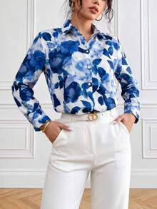 Vibrant Floral Print Colorful Casual Long Sleeve Shirt - Blue and White - View 5
