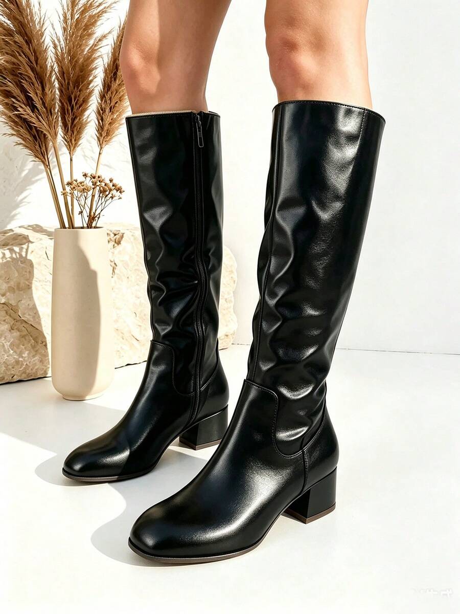 Women's Low Block Heel Tall Boots With Side Zipper, Perfect For Any Outfit - Black - View 1