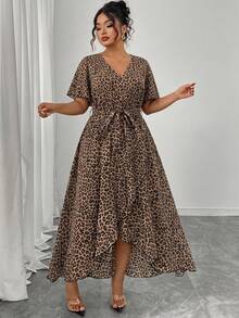Plus Size Women's Printed Animal Pattern Woven Fabric V-Neck Maxi Dress Elegant Summer - Multicolor - View 5