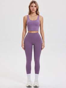 KyrLssu Plain High Rise V Waistback Sports Leggings, Stretch Skinny Workout Running Tights For Daily & Gym Wear - Purple - View 2