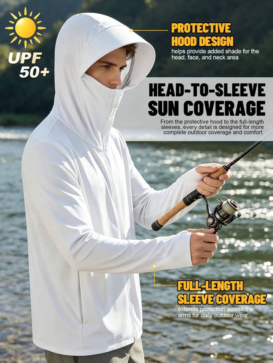 HIBATH Men's Long Sleeve Cooling UV Protection Sun Hoodie Jacket, Lightweight Full-Zip Outdoor Cover-Up With Extended Arm Coverage, Quick-Dry Breathable Moisture-Wicking Performance Top For Fishing, Hiking, Golf, Beach And Summer Travel(White)